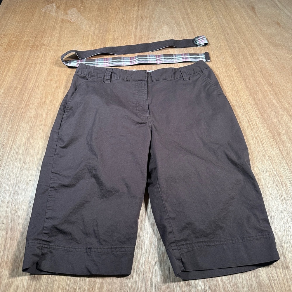 Kim Rogers Bermuda Shorts Women 10 Brown Reversible Belt Cotton Stretch Casual